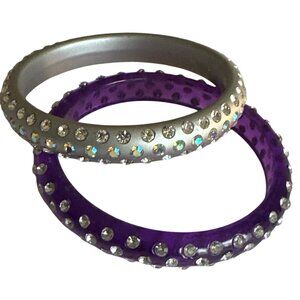 Bling Purple Silver 3 Row Rhinestone Acrylic Bangles Set of Two Fashion Jewelry